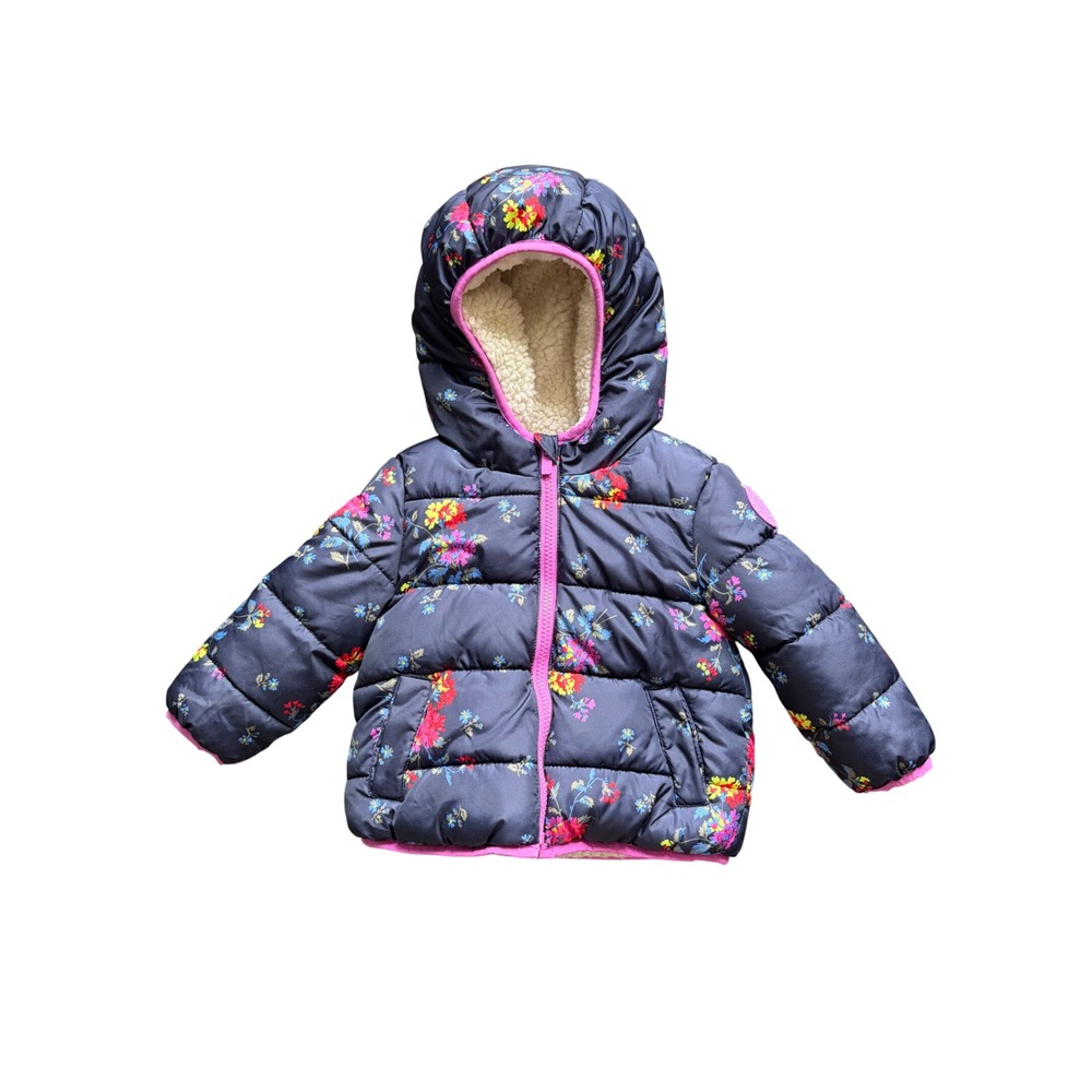 Baby Gap Navy Blue Floral Sherpa Lined PrimaLoft Puffer Jacket 18-24 Months